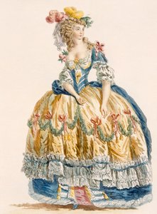 Dame i udførlig gallakjole, graveret af Dupin, fra "Galeries des Modes et Costumes Francais", ca. 1778-87